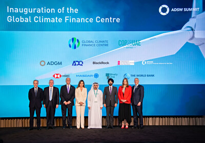 The Founding Members of Global Climate Finance Centre - GCFC (from left to right): Mark Carney, UN Special Envoy for Climate Action and Finance and Co-Chair, Glasgow Financial Alliance for Net Zero (GFANZ), Noel Quinn, Group Chief Executive at HSBC, Larry Fink, Chairman and CEO of BlackRock, Mercedes Vela Monserrate, GCFC CEO, H.E. Ahmed Jasim Al Zaabi, Member of the Abu Dhabi Executive Council and Chairman of the Abu Dhabi Department of Development (ADDED) and (Abu Dhabi Global Market) ADGM, Ajay Banga, President of the World Bank Group, Kate Hampton, Chief Executive Officer of CIFF and Hendrik du Toit, Founder and Chief Executive Officer of Ninety One.